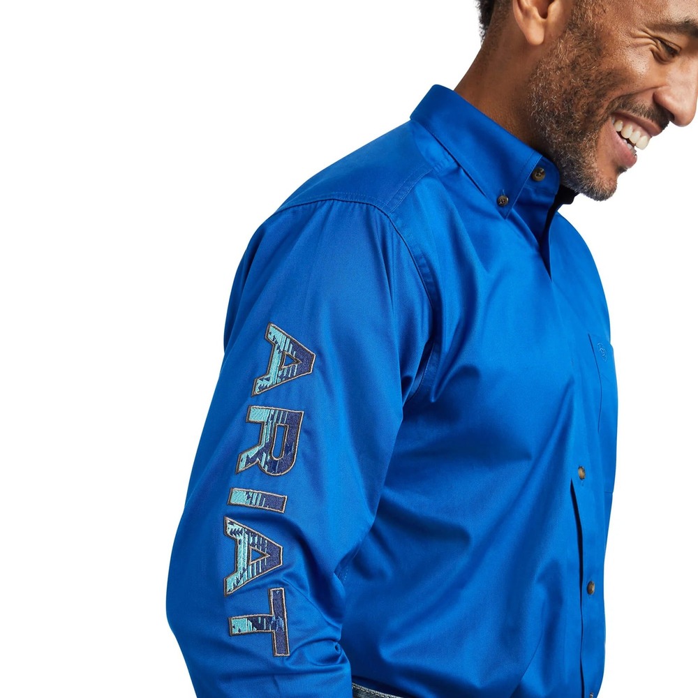 Ariat Mens XS Blue Western Long Sleeve Button Down Shirt Embroidered Sleeve Logo